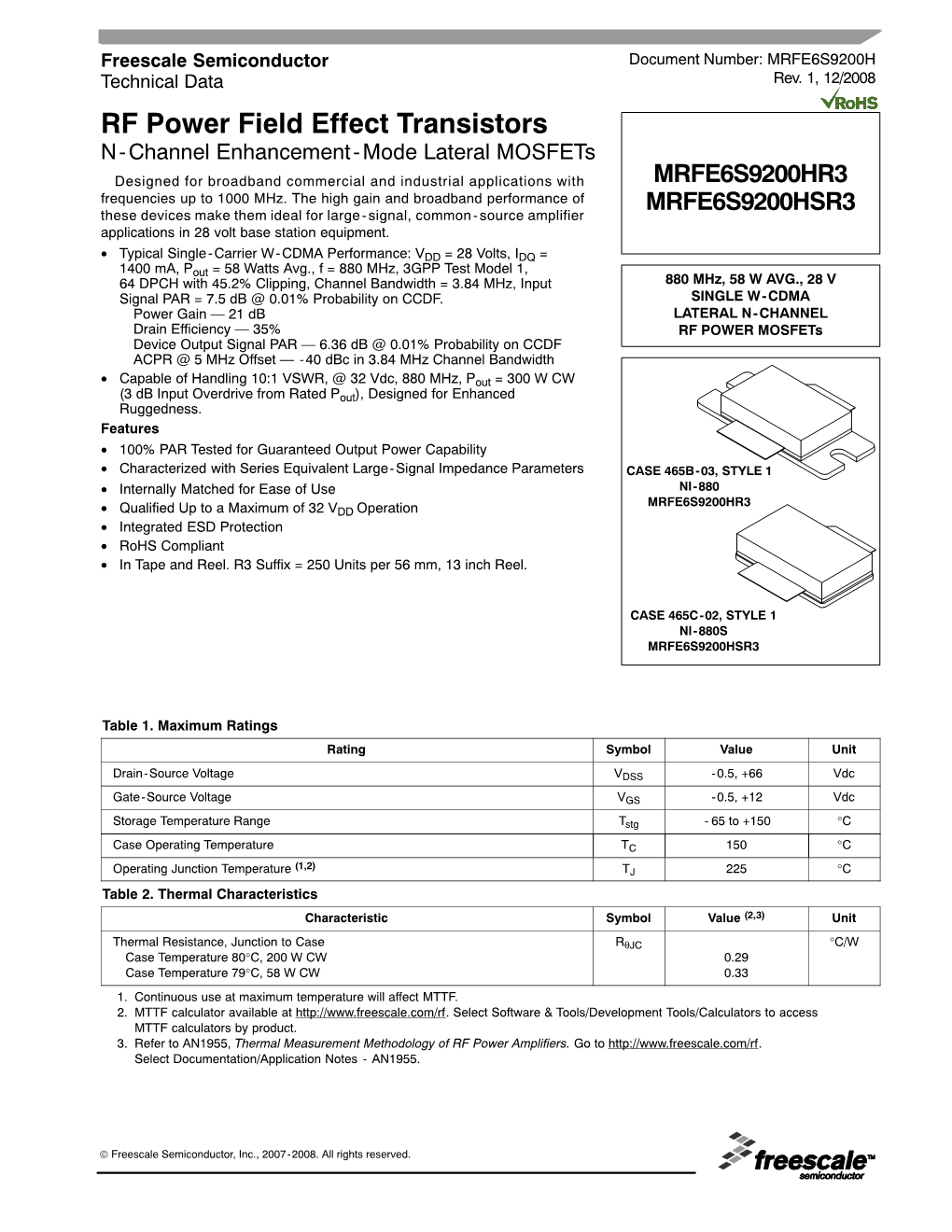 MRFE6S9200HR3, MRFE6S9200HSR3 880 Mhz, 58 W Avg., 28 V Single W-CDMA Lateral N-Channel RF Power Mosfets