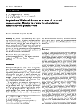 Acquired Von Willebrand Disease As a Cause of Recurrent Mucocutaneous Bleeding in Primary Thrombocythemia: Relationship with Platelet Count