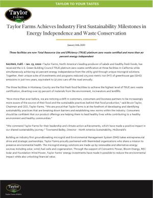 Taylor Farms Achieves Industry First Sustainability Milestones in Energy Independence and Waste Conservation