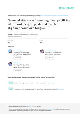 Seasonal Effects on Thermoregulatory Abilities of the Wahlberg's Epauletted Fruit Bat (Epomophorus Wahlbergi