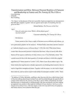 Between Personal Realities of Character and Readership in Frames and the Taming of The/A Shrew Cory Downing ENG399 Prof