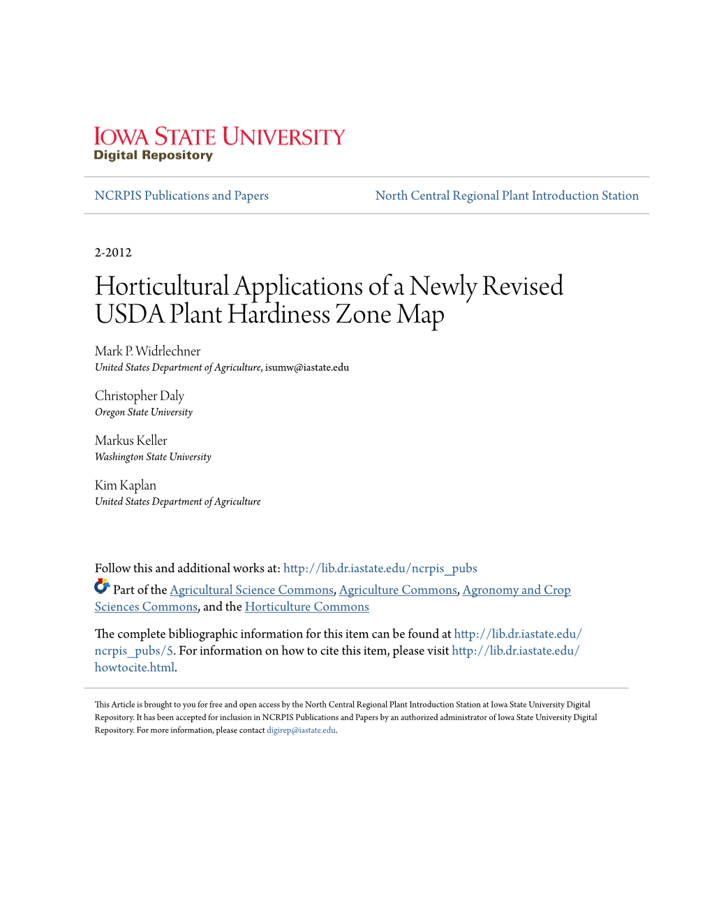 Horticultural Applications of a Newly Revised USDA Plant Hardiness Zone Map Mark P