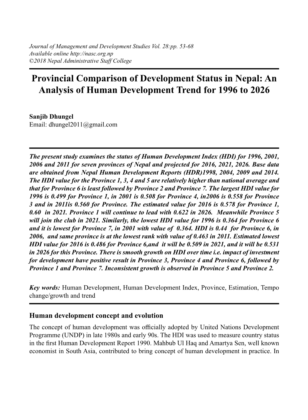 Provincial Comparison of Development Status in Nepal: an Analysis of Human Development Trend for 1996 to 2026