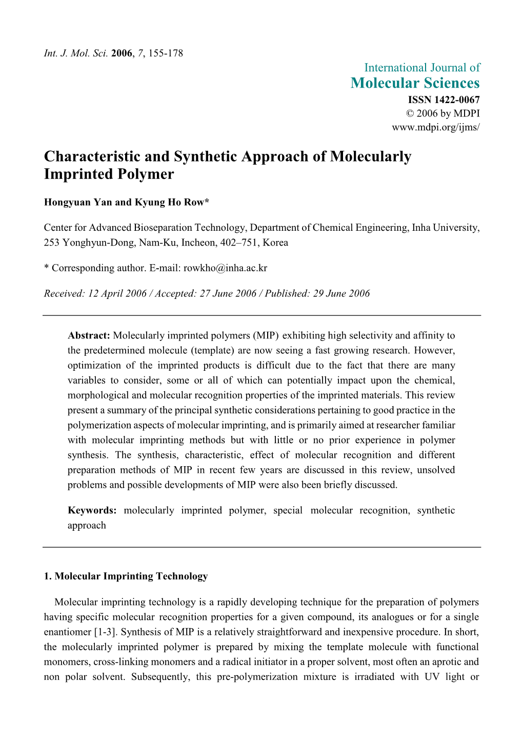 Characteristic and Synthetic Approach of Molecularly Imprinted Polymer