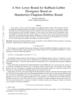 A New Lower Bound for Kullback-Leibler Divergence Based on Hammersley-Chapman-Robbins Bound Tomohiro Nishiyama Email: Htam0ybboh@Gmail.Com