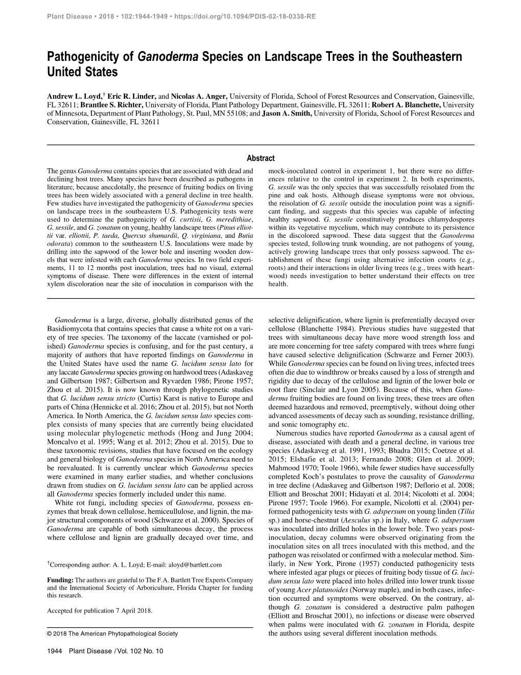 Pathogenicity of Ganoderma Species on Landscape Trees in the Southeastern United States