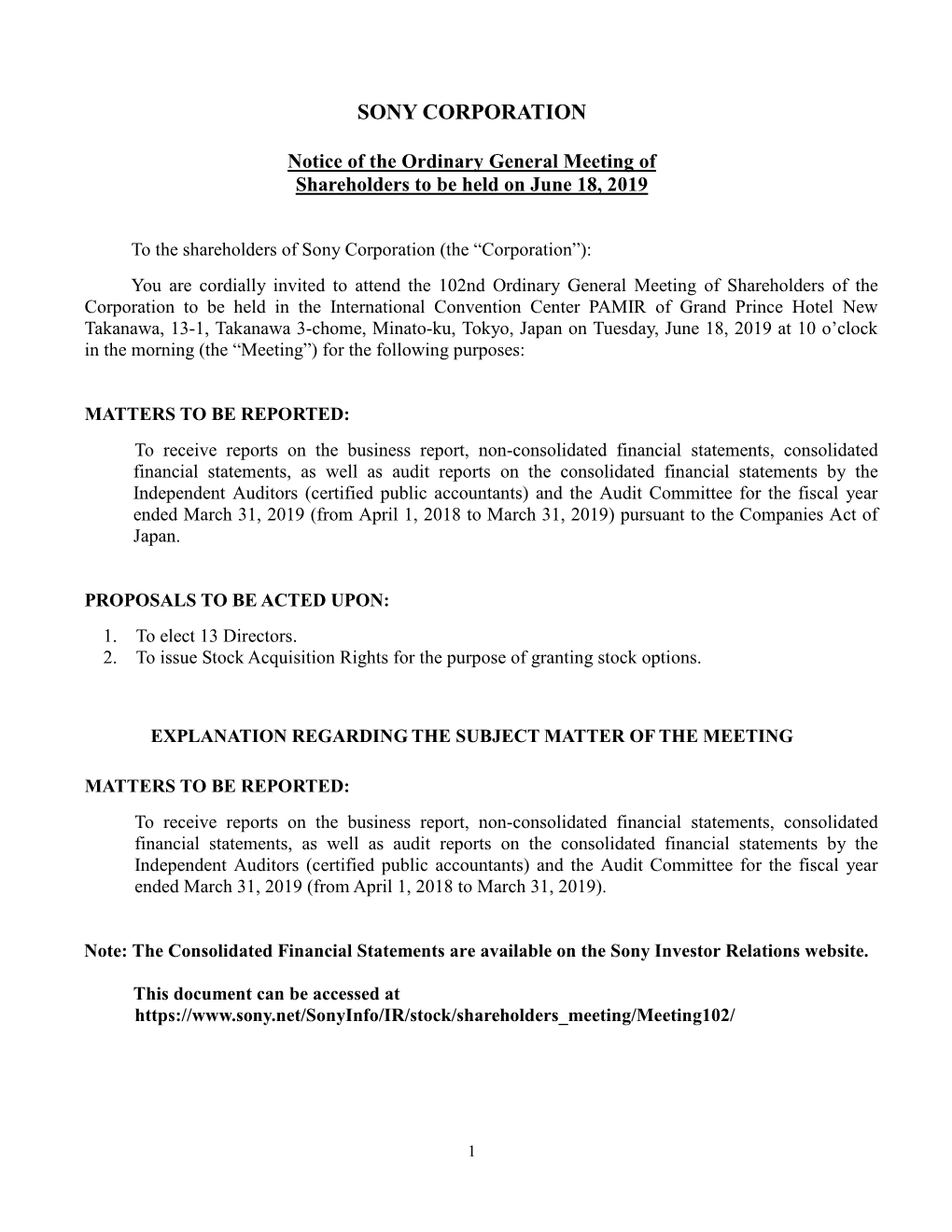 Notice of the Ordinary General Meeting of Shareholders to Be Held on June 18, 2019