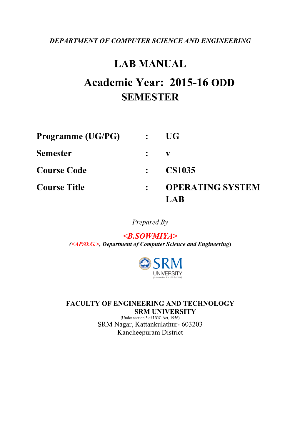 Academic Year: 2015-16 ODD SEMESTER