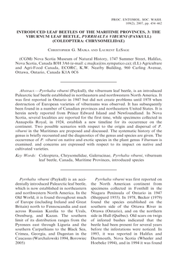 Introduced Leaf Beetles of the Maritime Provinces, 3: the Viburnum Leaf Beetle, Pyrrhalta Viburni (Paykull) (Coleoptera: Chrysomelidae)