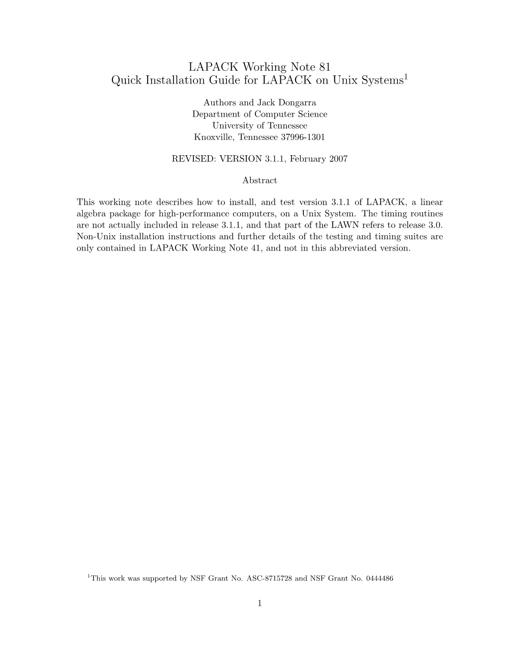 LAPACK Working Note 81 Quick Installation Guide for LAPACK on Unix Systems1