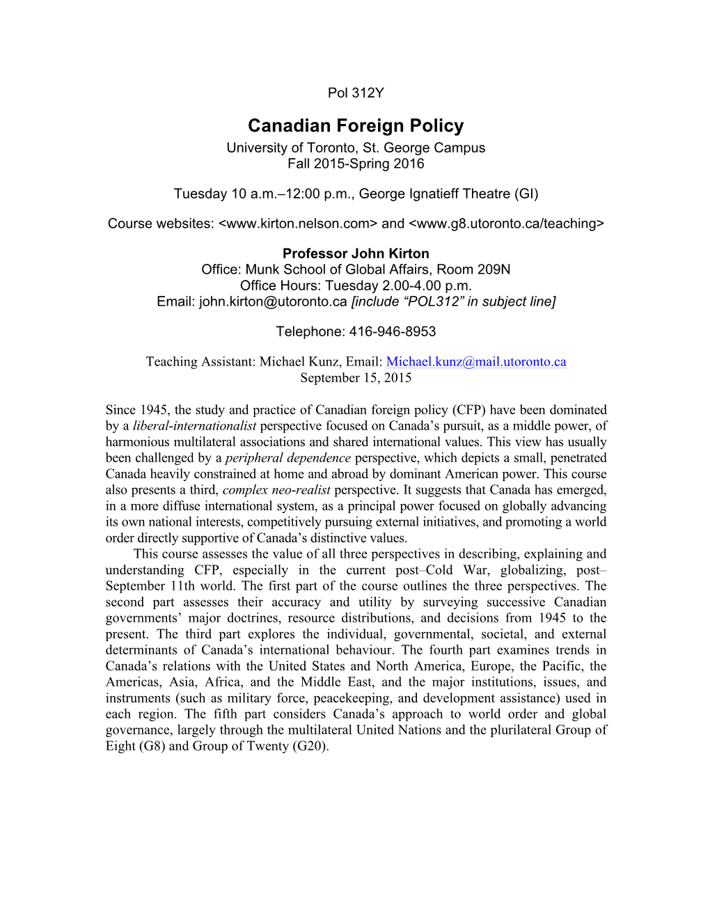 Canadian Foreign Policy University of Toronto, St