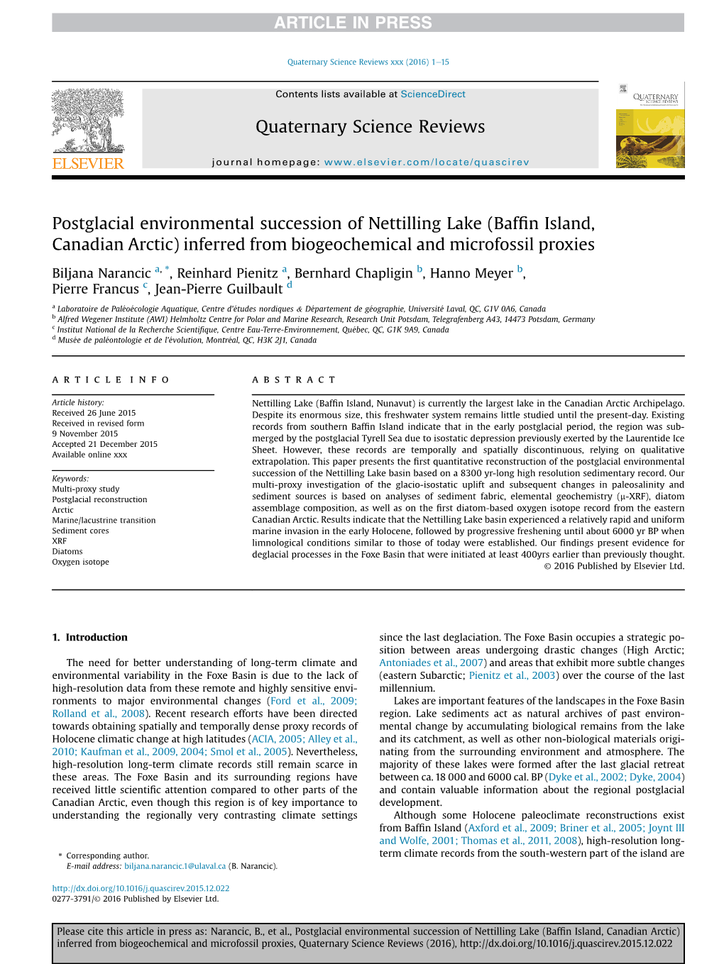 Postglacial Environmental Succession of Nettilling Lake (Baffin Island