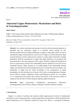 Abnormal Copper Homeostasis: Mechanisms and Roles in Neurodegeneration