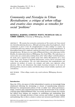 Community and Nostalgia in Urban Revitalisation: a Critique of Urban Village and Creative Class Strategies As Remedies for Social ‘Problems’