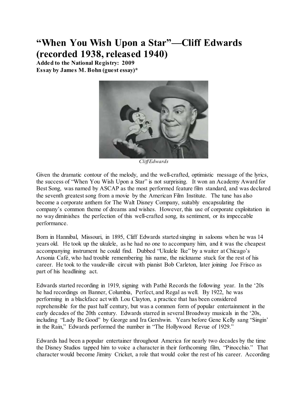 When You Wish Upon a Star”—Cliff Edwards (Recorded 1938, Released 1940) Added to the National Registry: 2009 Essay by James M