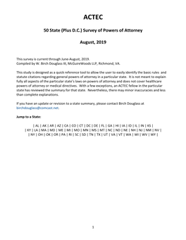 50 State (Plus DC) Survey of Powers of Attorney August, 2019