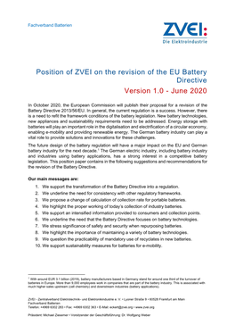 Position of ZVEI on the Revision of the EU Battery Directive Version 1.0 - June 2020