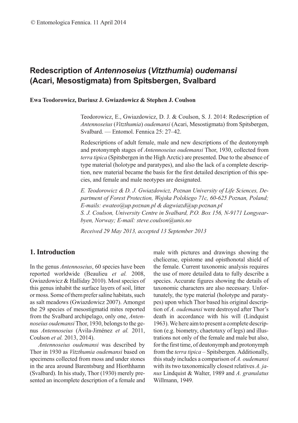 Redescription of Antennoseius (Vitzthumia) Oudemansi (Acari, Mesostigmata) from Spitsbergen, Svalbard