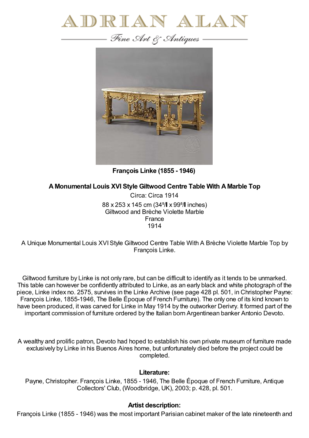 A Monumental Louis XVI Style Giltwood Centre Table with A