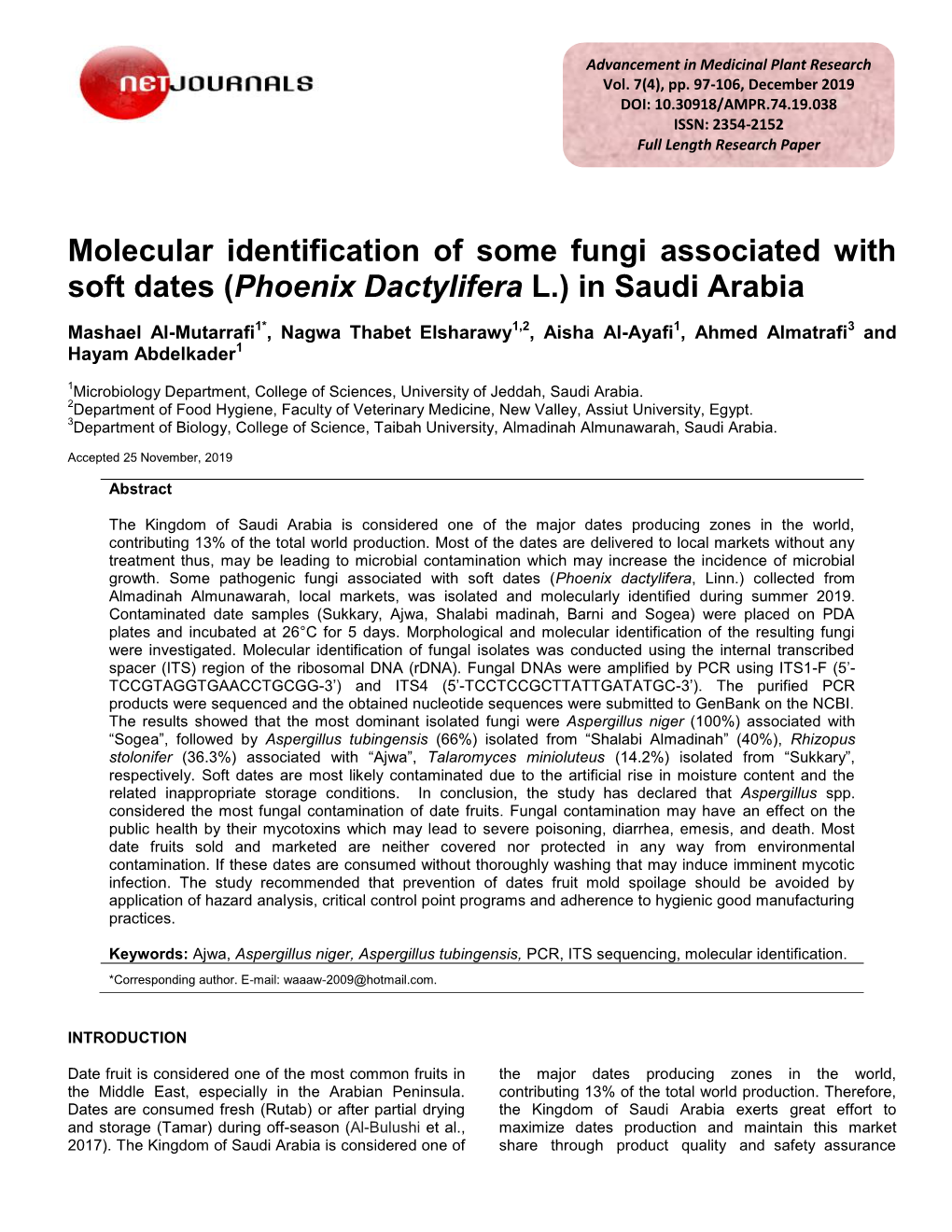 Molecular Identification of Some Fungi Associated with Soft Dates (Phoenix Dactylifera L.) in Saudi Arabia