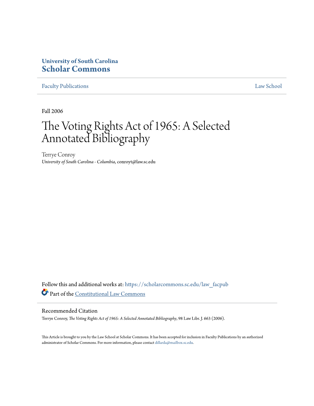 The Voting Rights Act of 1965: a Selected Annotated Bibliography, 98 Law Libr