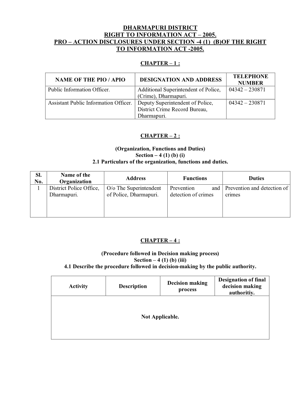 Dharmapuri District Right to Information Act – 2005. Pro – Action Disclosures Under Section -4 (1) (B)Of the Right to Information Act -2005