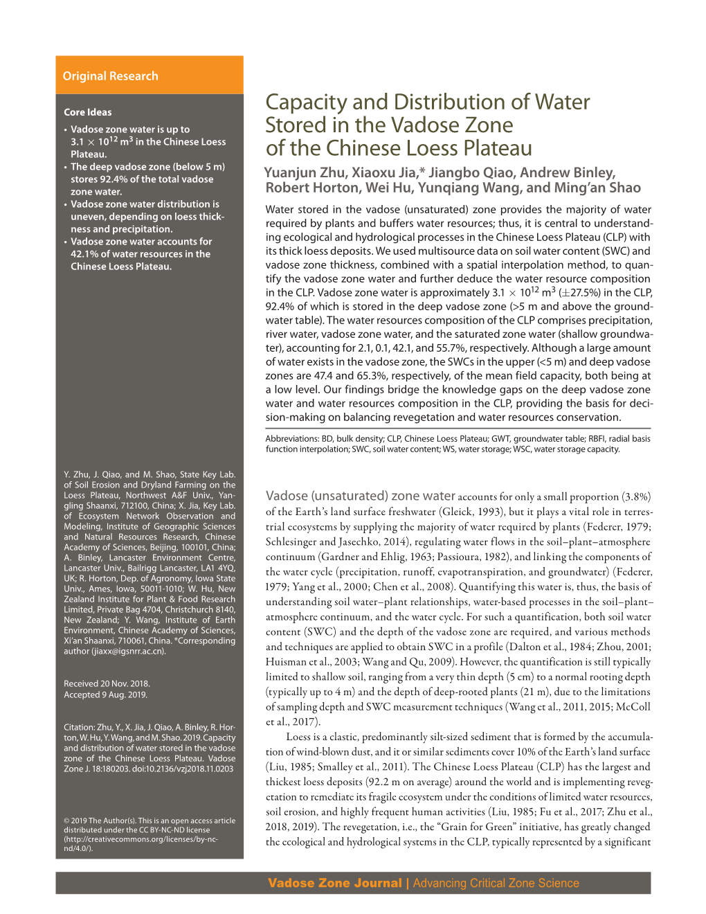 Capacity and Distribution of Water Stored in the Vadose Zone of The