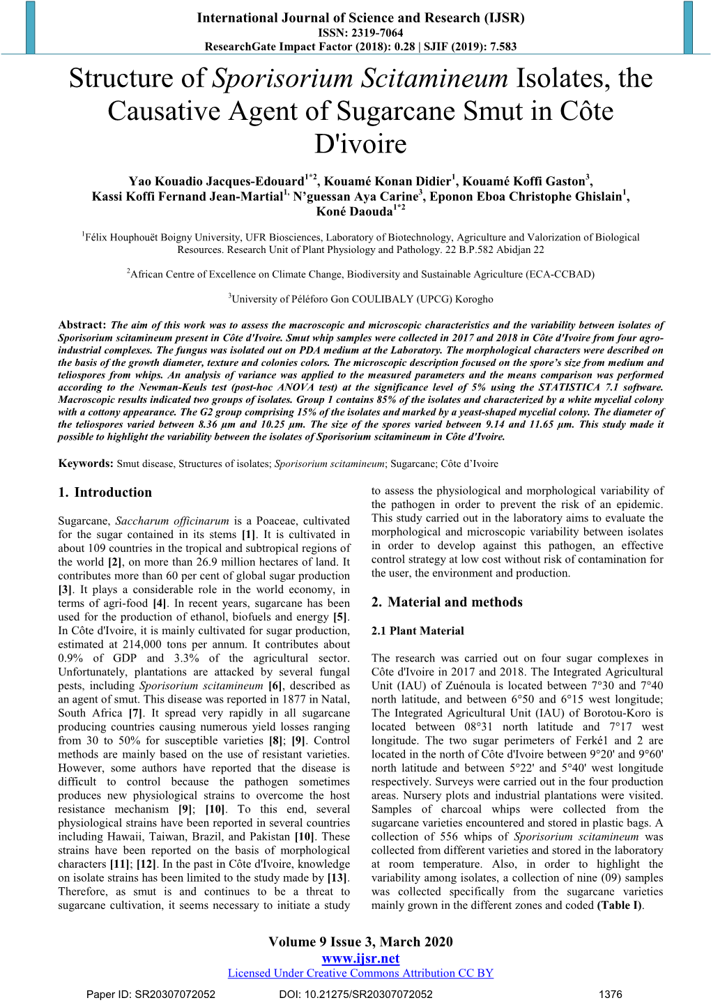 Structure of Sporisorium Scitamineum Isolates, the Causative Agent of Sugarcane Smut in Côte D'ivoire