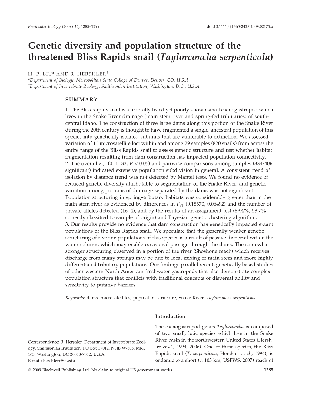 Genetic Diversity and Population Structure of the Threatened Bliss Rapids Snail (Taylorconcha Serpenticola)