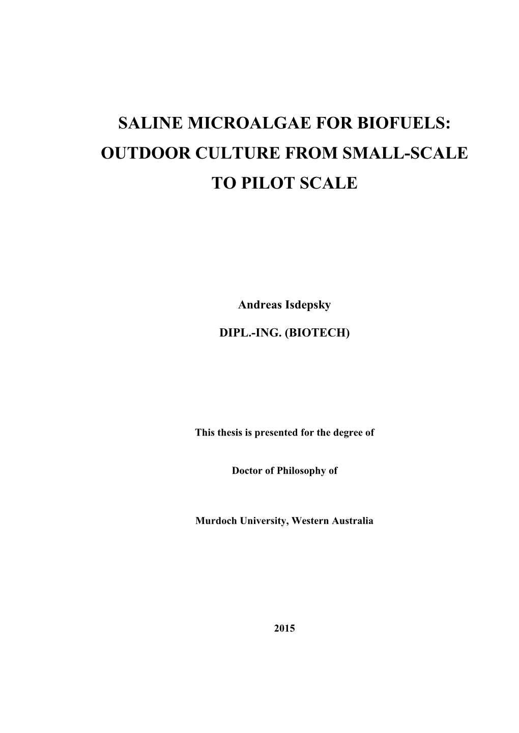 Saline Microalgae for Biofuels: Outdoor Culture from Small-Scale to Pilot Scale