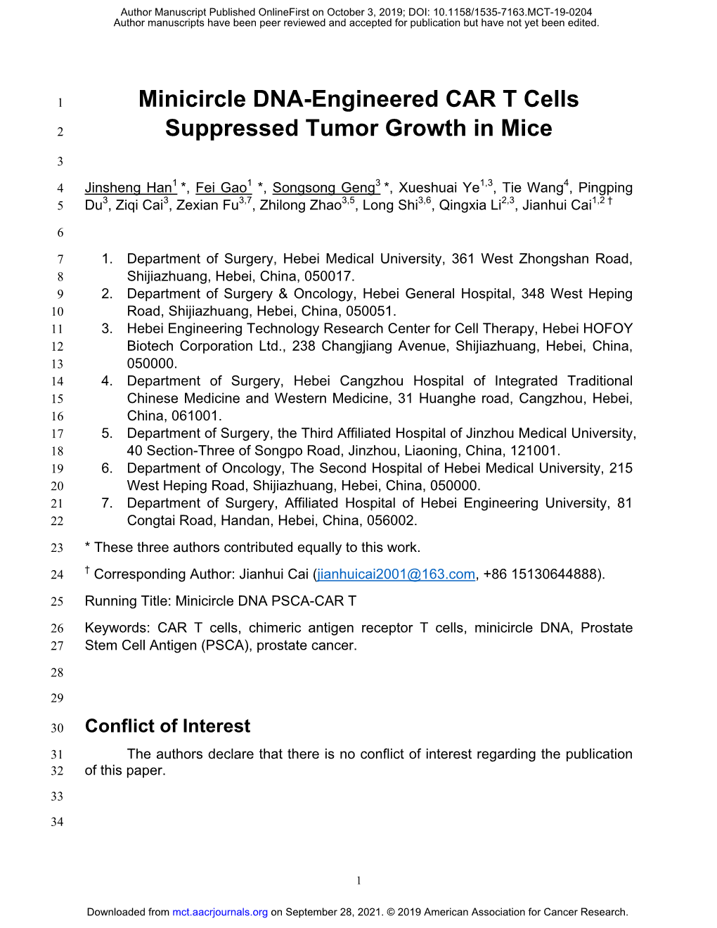 Minicircle DNA-Engineered CAR T Cells Suppressed Tumor Growth in Mice