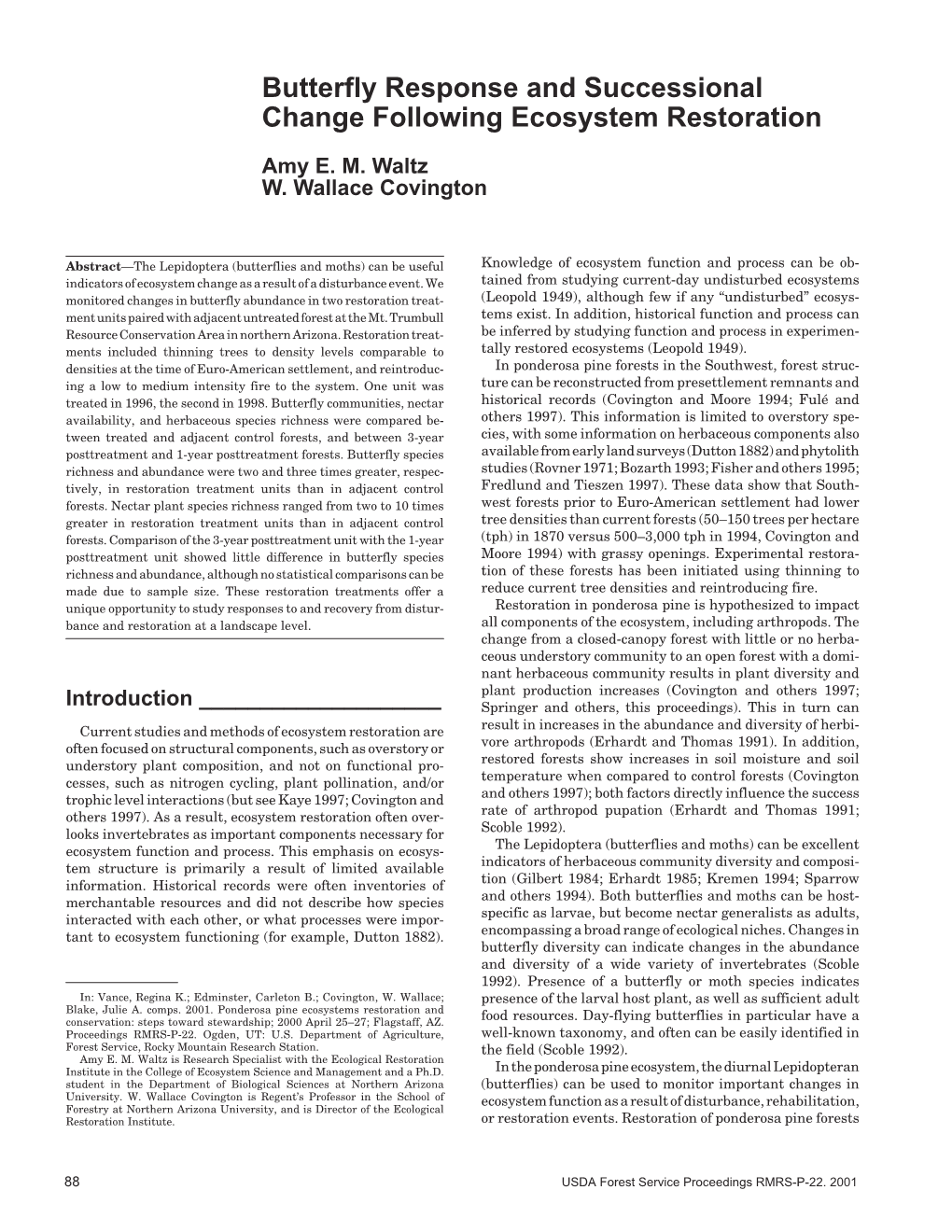 Butterfly Response and Successional Change Following Ecosystem Restoration