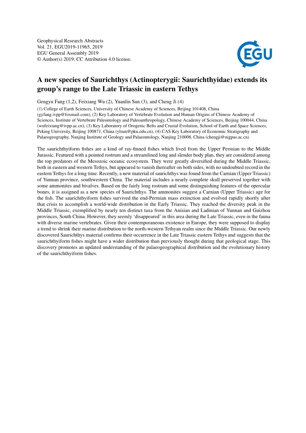 A New Species of Saurichthys (Actinopterygii: Saurichthyidae) Extends Its Group’S Range to the Late Triassic in Eastern Tethys