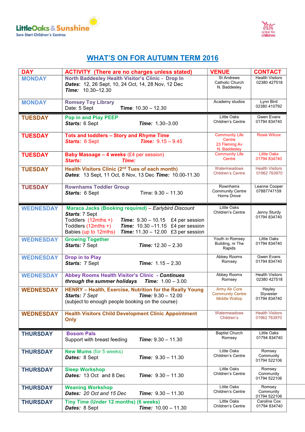 What's on for Autumn Term 2016