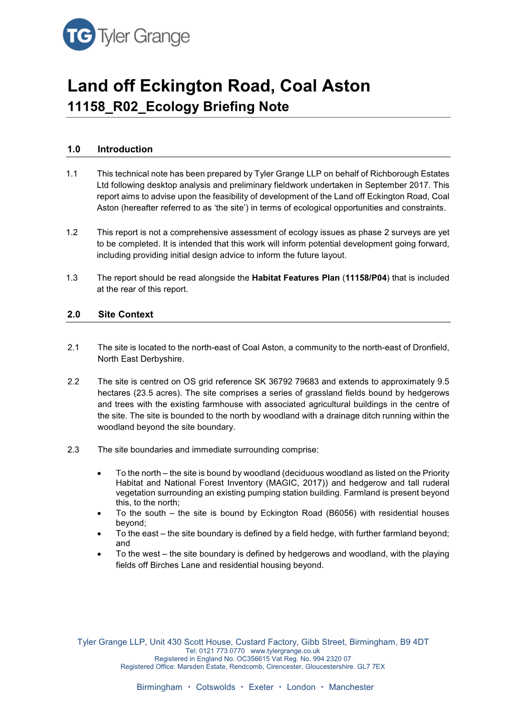 Land Off Eckington Road, Coal Aston 11158 R02 Ecology Briefing Note