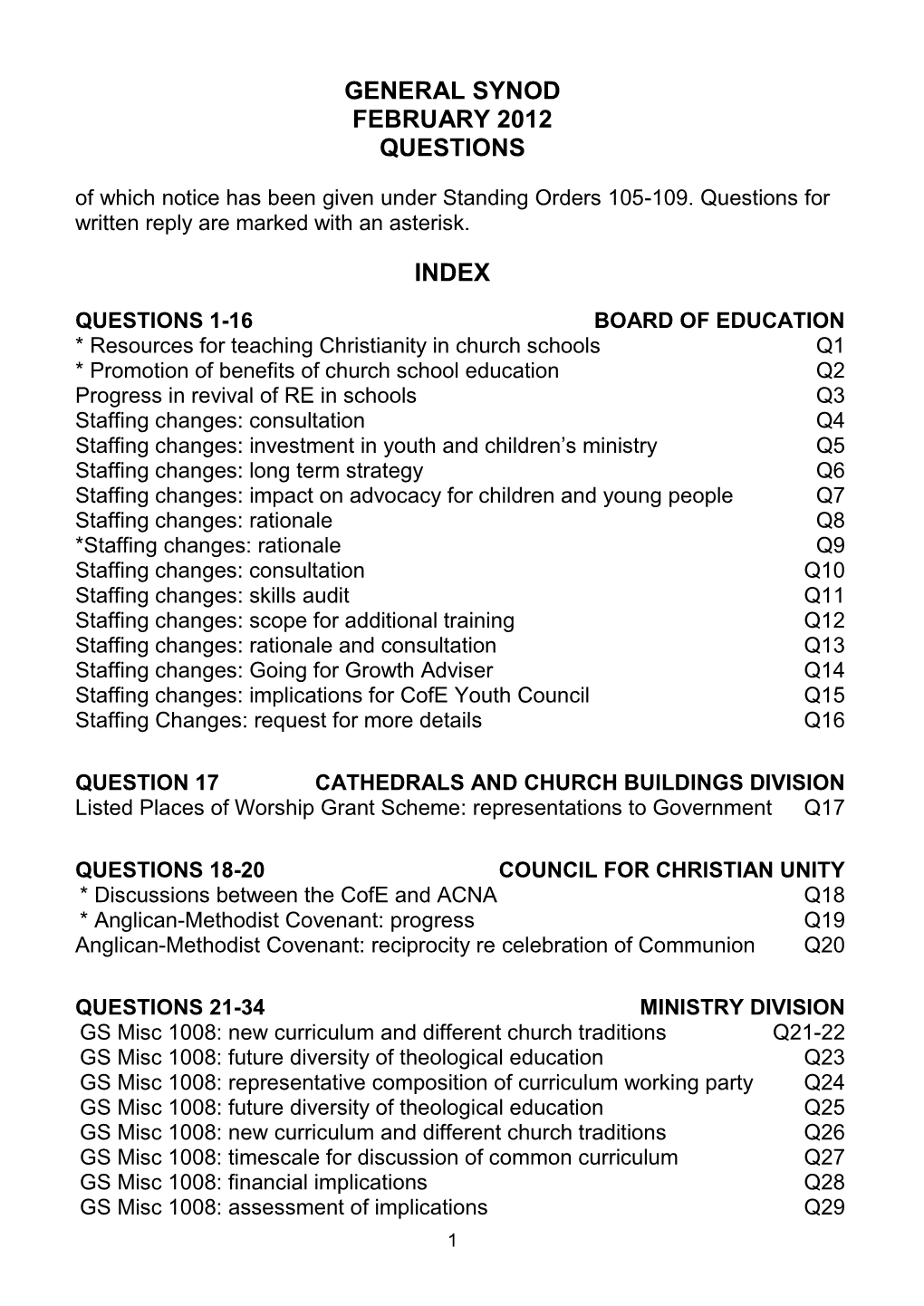GENERAL SYNOD FEBRUARY 2012 QUESTIONS of Which Notice Has Been Given Under Standing Orders 105-109