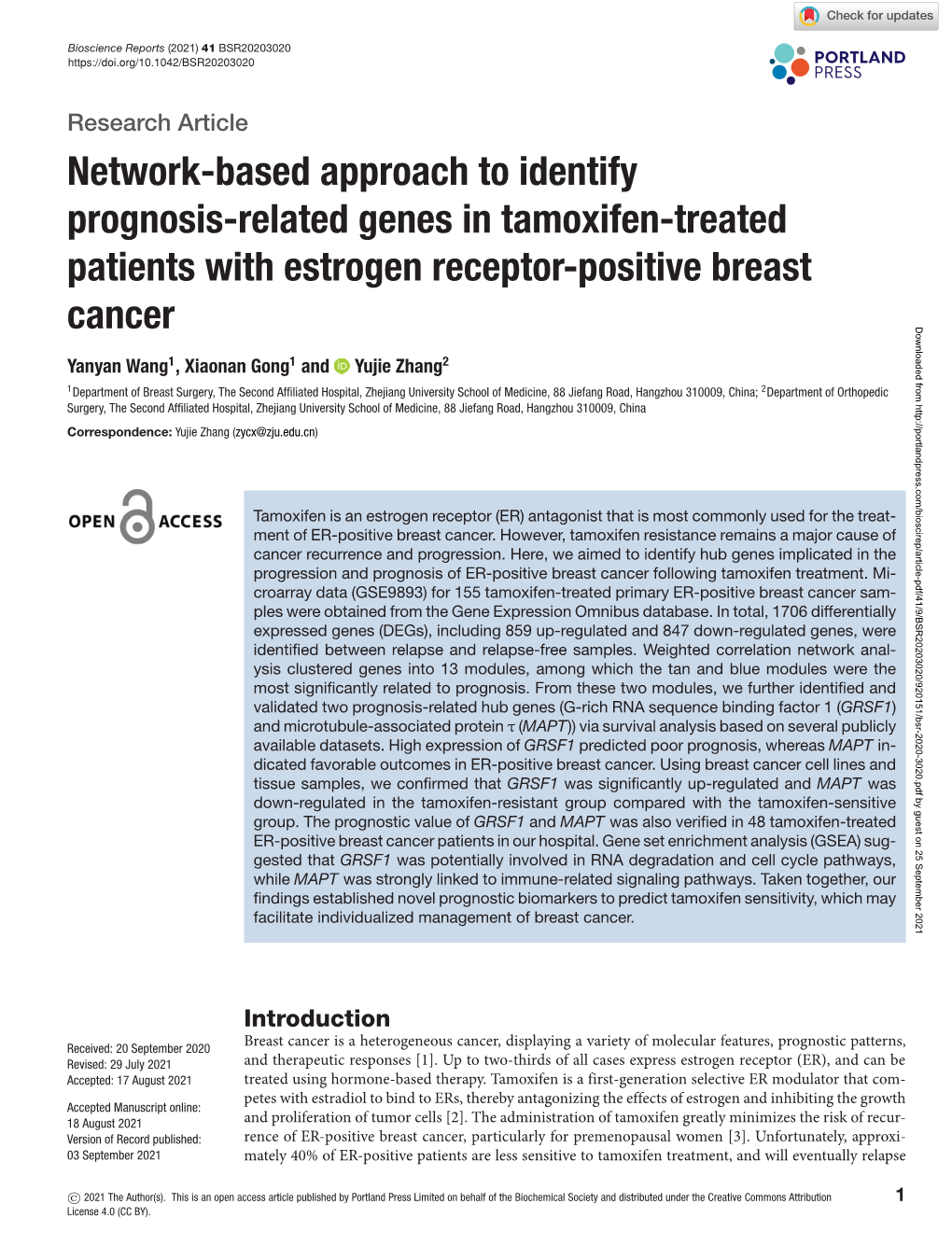 Network-Based Approach to Identify Prognosis-Related Genes in Tamoxifen-Treated Patients with Estrogen Receptor-Positive Breast