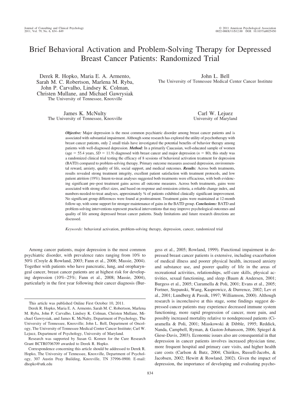 Brief Behavioral Activation and Problem-Solving Therapy for Depressed Breast Cancer Patients: Randomized Trial