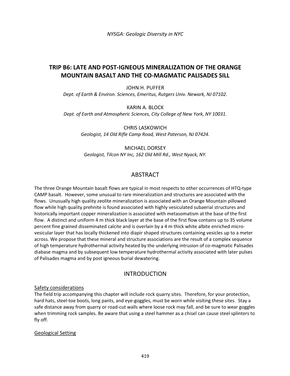 Late and Post-Igneous Mineralization of the Orange Mountain Basalt and the Co-Magmatic Palisades Sill