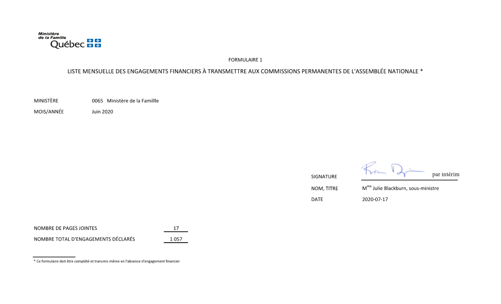 Liste Mensuelle Des Engagements Financiers À Transmettre Aux Commissions Permanentes De L'assemblée Nationale *