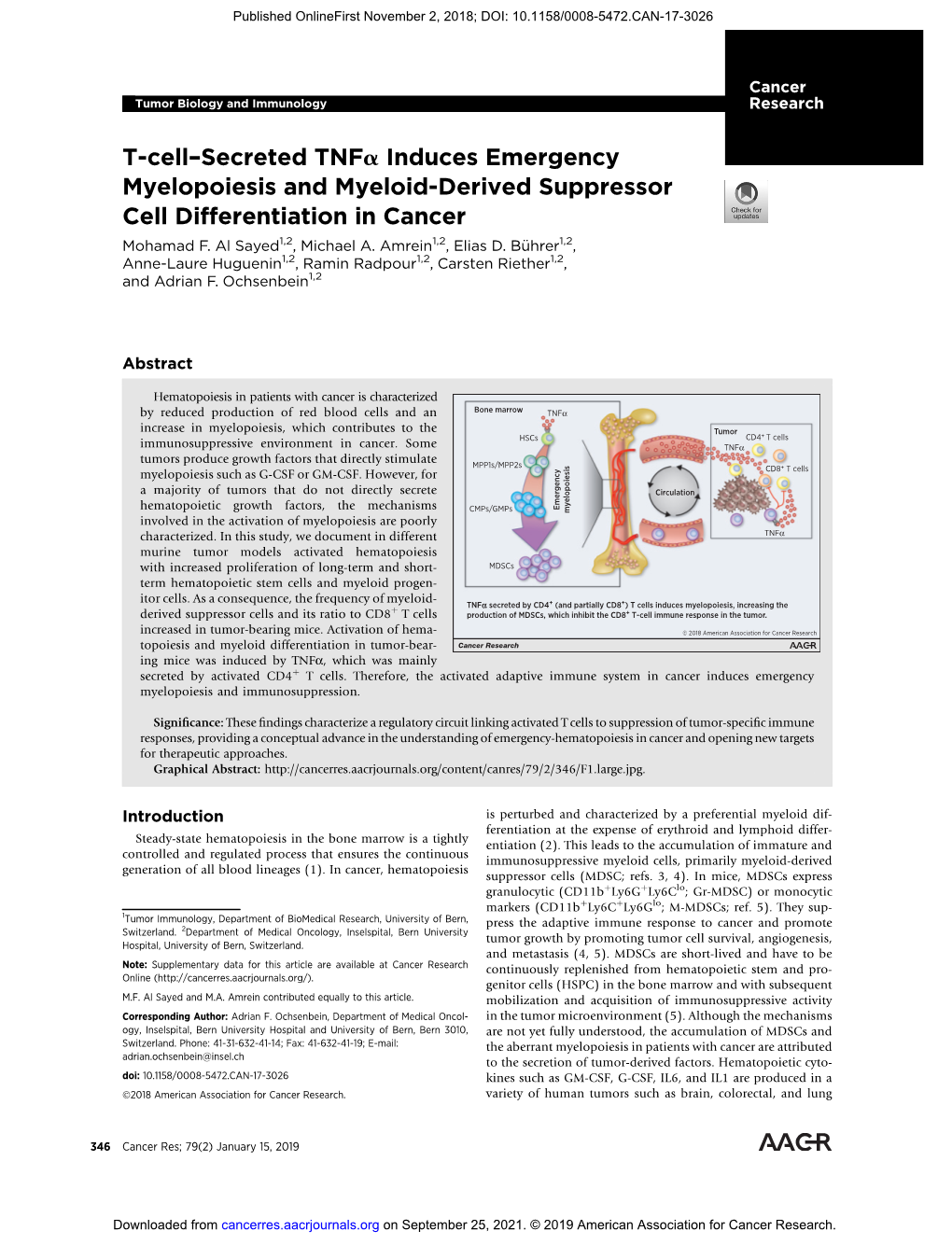 T-Cell–Secreted Tnfa Induces Emergency Myelopoiesis and Myeloid-Derived Suppressor Cell Differentiation in Cancer Mohamad F