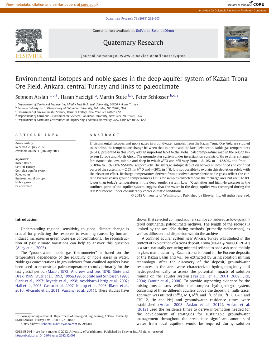 Environmental Isotopes and Noble Gases in the Deep Aquifer System of Kazan Trona Ore Field, Ankara, Central Turkey and Links to Paleoclimate