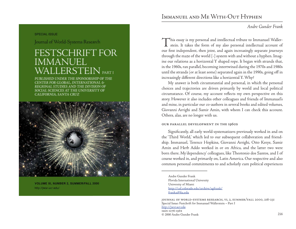 Festschrift for Immanuel Wallerstein