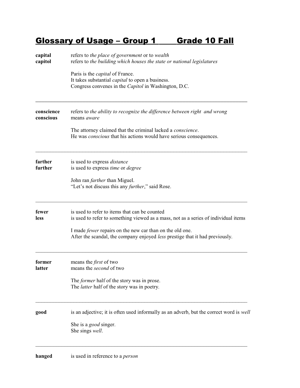 Glossary of Usage Group 1