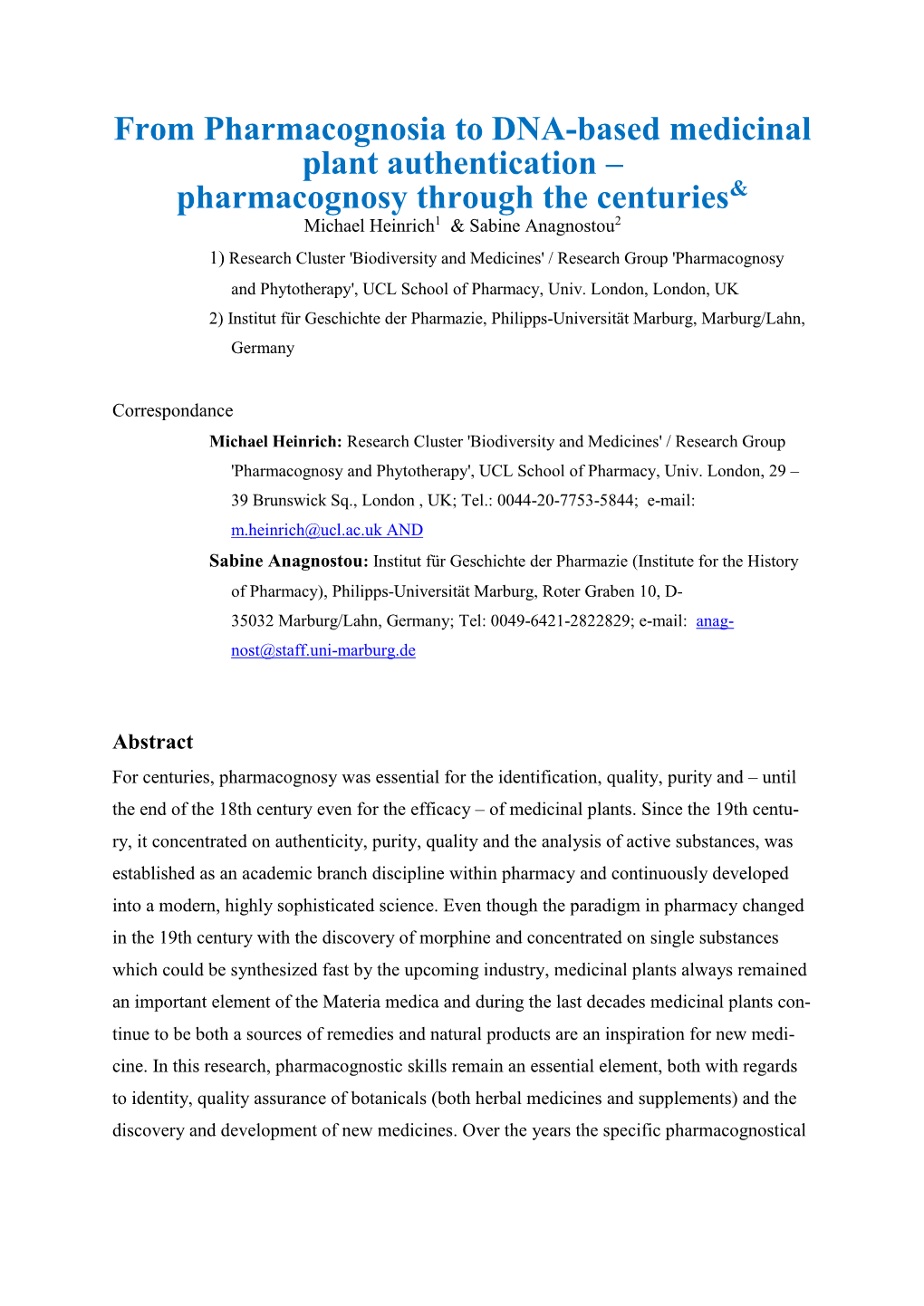 From Pharmacognosia to DNA-Based Medicinal Plant Authentication