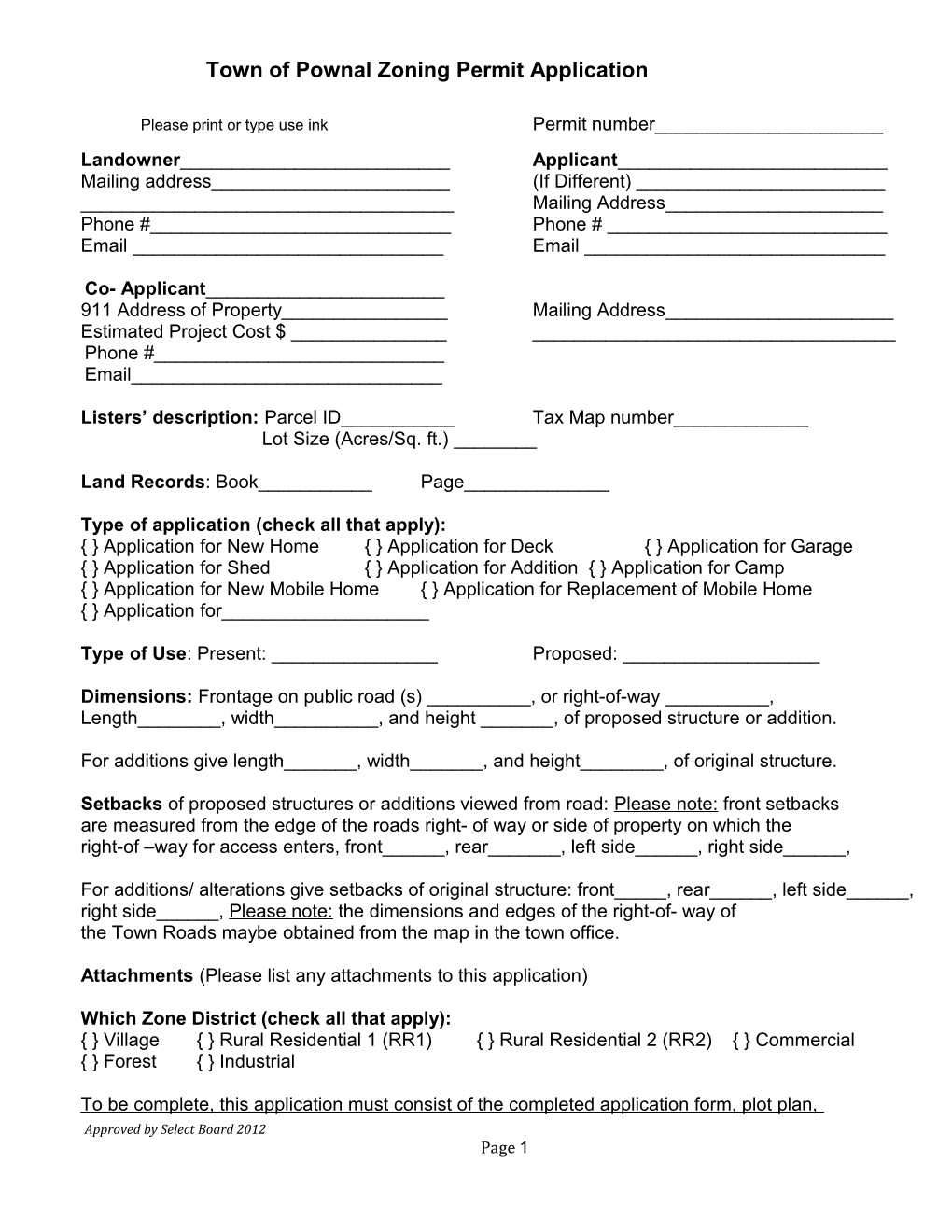 Town of Pownal Permit Application