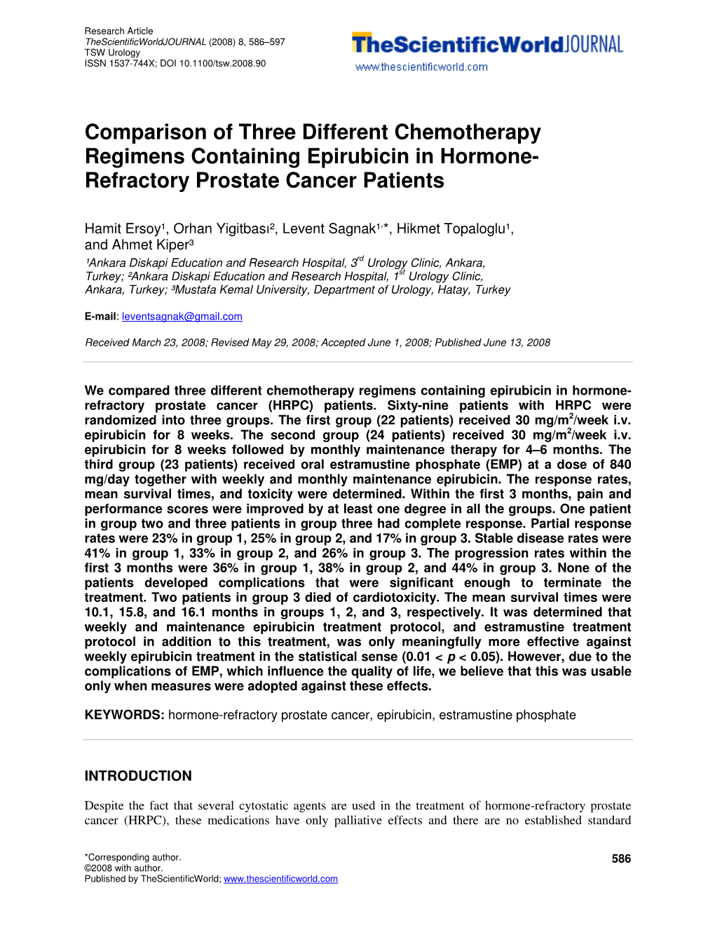 Comparison of Three Different Chemotherapy Regimens Containing Epirubicin in Hormone- Refractory Prostate Cancer Patients