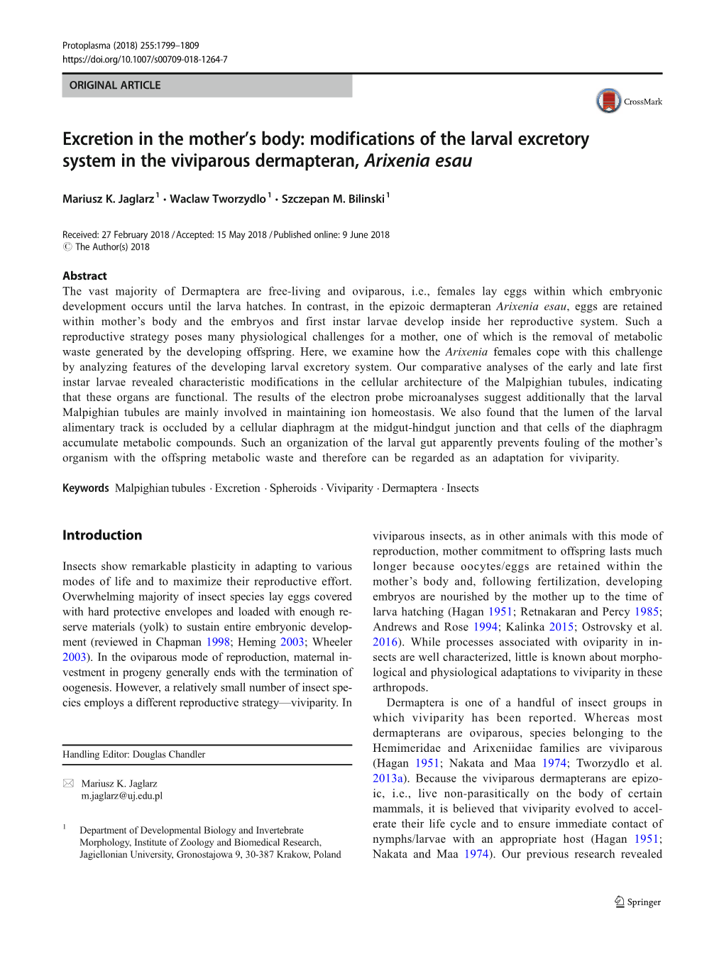 Excretion in the Mother's Body: Modifications of the Larval Excretory System in the Viviparous Dermapteran, Arixenia Esau