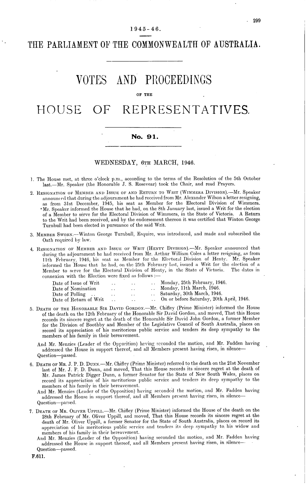 Votes and Proceedings House of Representatives