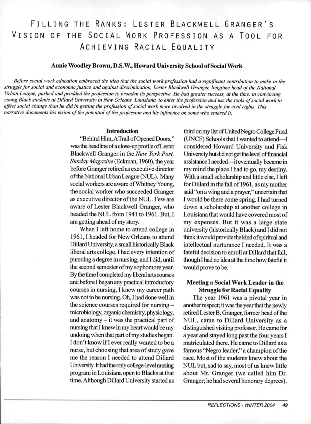 Lester Blackwell Granger's Vision of the Social Work Profession As a Tool for Achieving Racial Equality